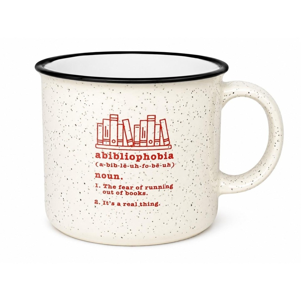 Bibliophobia Book Lover Speckled Camp Style Coffee Mug Black Rim Ceramic 16 oz